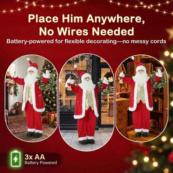 Bobobiy 5ft Life Size Singing Santa Claus, Standing Christmas Animated Santa Figure with Bell and Wreath, Sound/Touch Activated