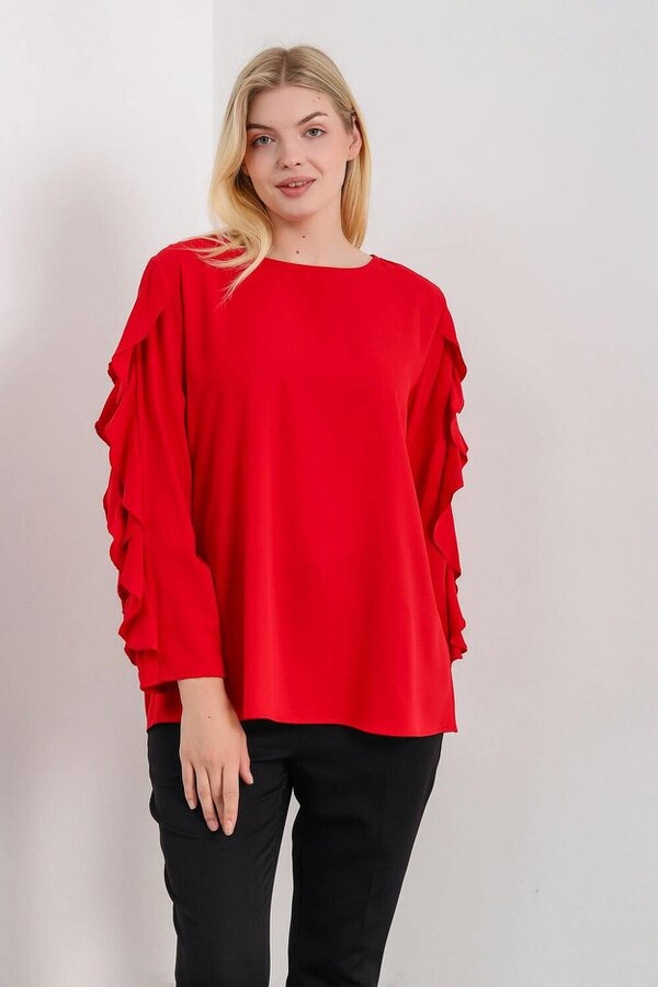 Hoxton Gal Oversized Ruffle Sleeve Relaxed Fit Top In Red