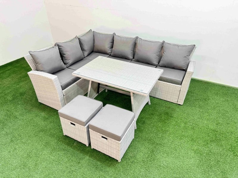 Fimous Garden Outdoor Rattan Furniture Set Rattan Corner Sofa Oblong Dining Table Set with 2 Small Footstools Light Grey Mixed 8 Seater