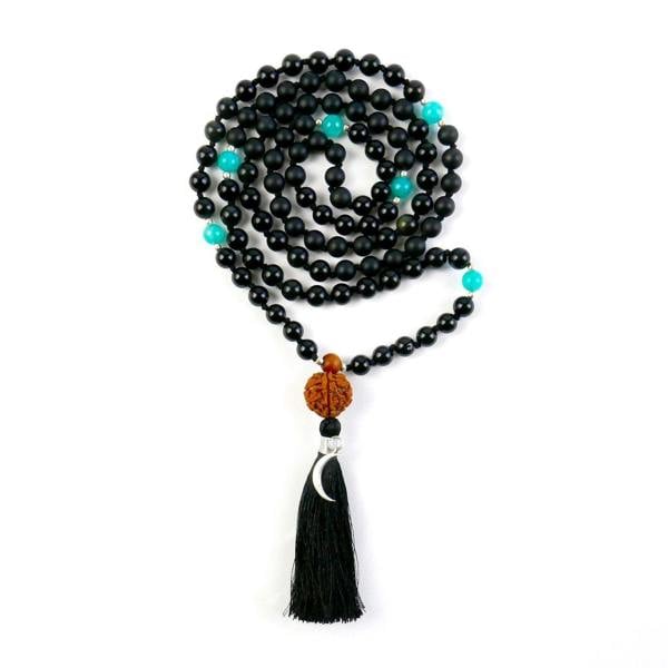 Kati Kaia Black Obsidian Crystal Necklace with turquoise beads and a tassel for yoga practice