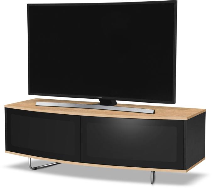 Homeology Caru Gloss Black and Gloss Oak Beam-Thru Remote Friendly Super-Contemporary "D" Shape Design 32"-65" LED/OLED/LCD TV Cabinet