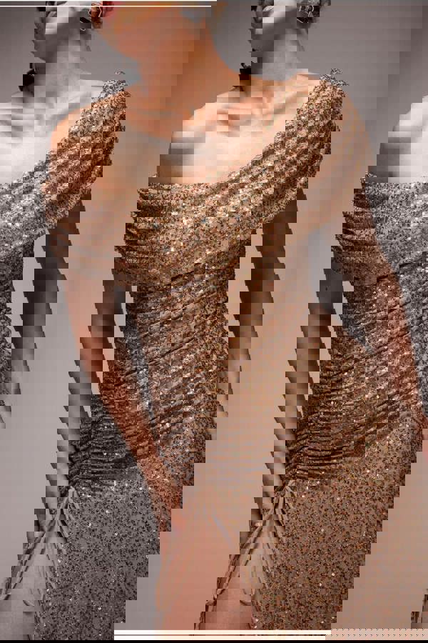 Off The Shoulder Sequin Cowl Drawstring Maxi Dress - Gold DR4824