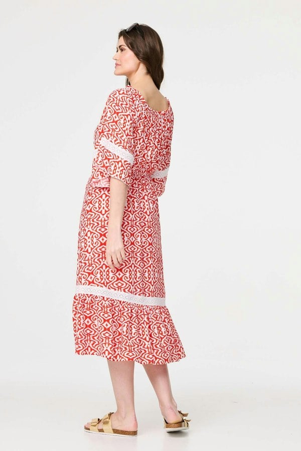 Red | Printed Relaxed Lace Trim Midi Dress