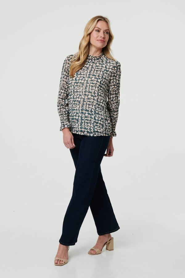 Green | Printed Long Sleeve High Neck Top
