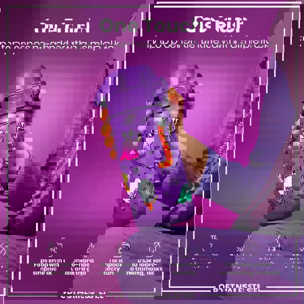 A purple, child-sized water bottle, decorated with cartoonish drawings, is being held. Its flip top opens with one hand via a simple click. This is emphasized by several icons and text. The bottle is advertised as leakproof and features a triple lock security system.