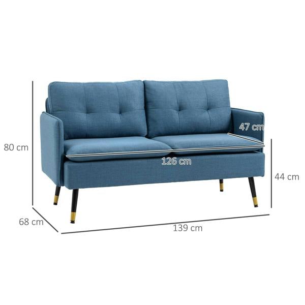 Blue upholstered loveseat sofa with button-tufted back, square arms, and steel legs