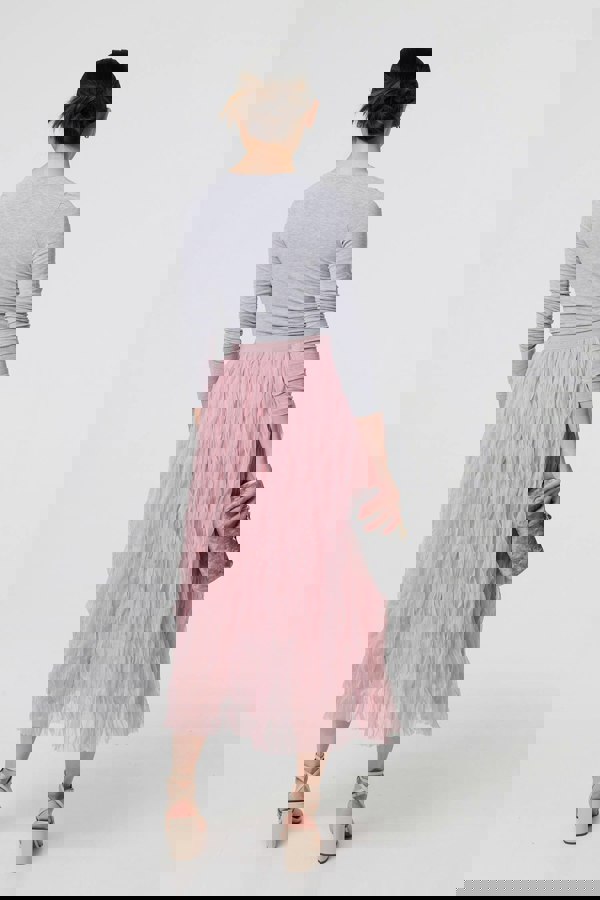 Pink | Ruffled High Waist Semi Sheer Midi Skirt
