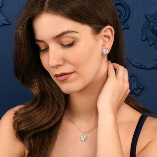 Zavana Silver Floral Stud Earrings for Women with Marquise and Round Cubic Zirconia stones