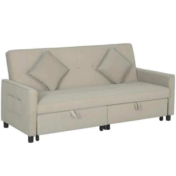 Three-person velvet-feel sofa bed, beige fabric with tufted back and two arm cushions