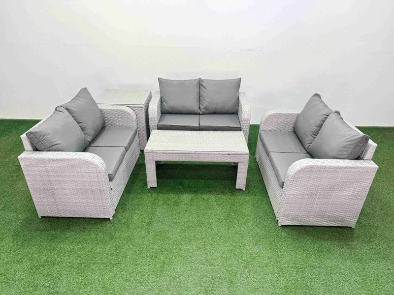 Fimous  6 Seater PE Wicker Rattan Furniture Sofa Sets with Oblong Coffee Table 2 Seater Love Sofa Side Table Light Grey