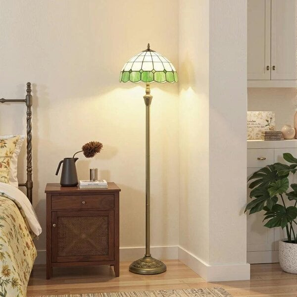 Tiffany-Style Floor Lamp with Handcrafted Stained Glass Shade, 152cm Tall Vintage Standing Lamp, Bronze Tone and Green