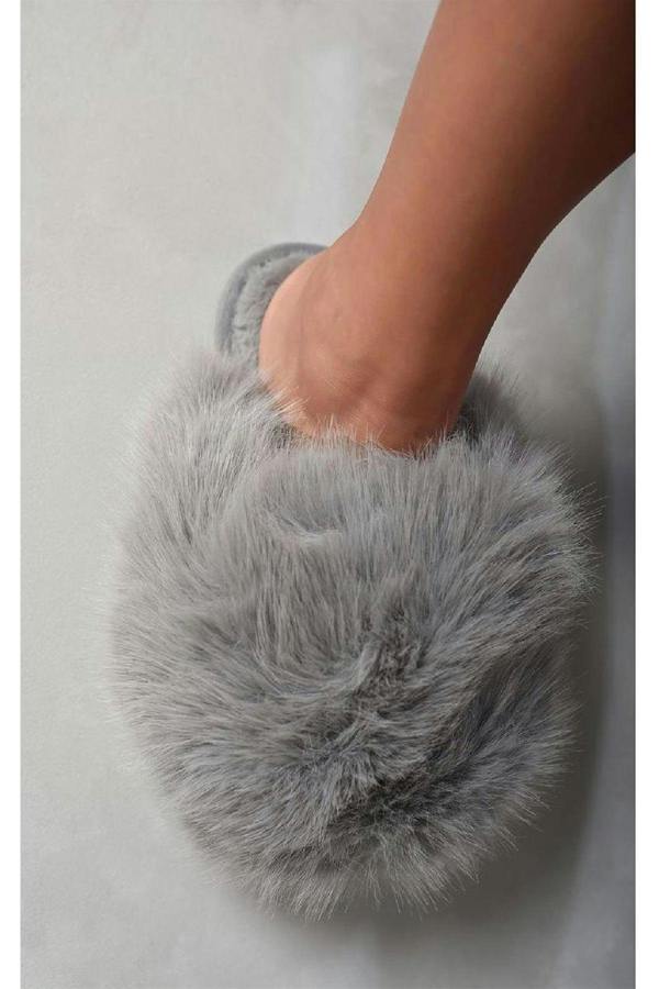 Nadia Fluffy Faux Fur Slippers - Grey