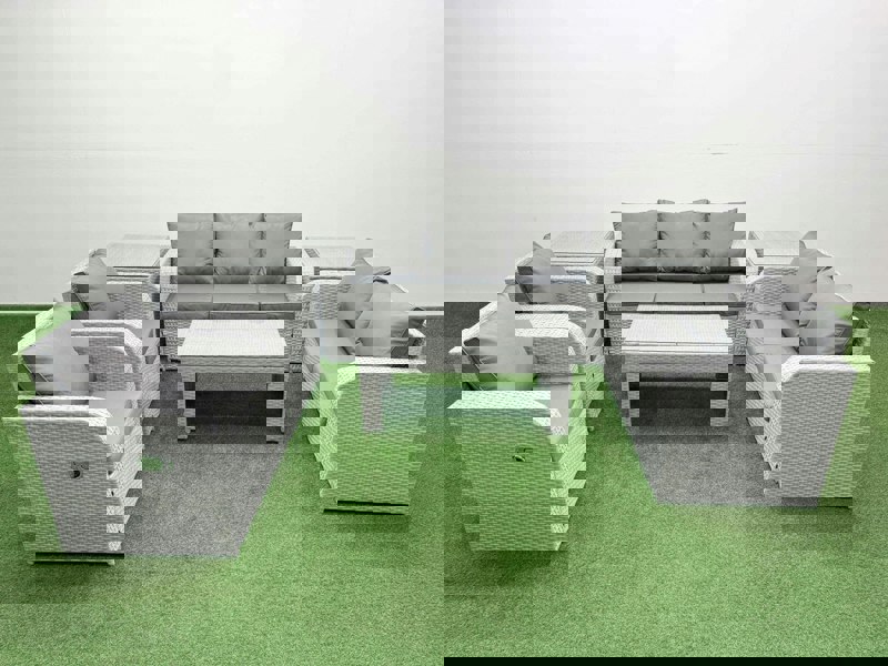 Fimous PE Rattan Garden Furniture Set Adjustable Chair Sofa Double Love Seat 2 Seater Sofa Lounge Set Rectangular Coffee Table 2 Side Table Light Grey