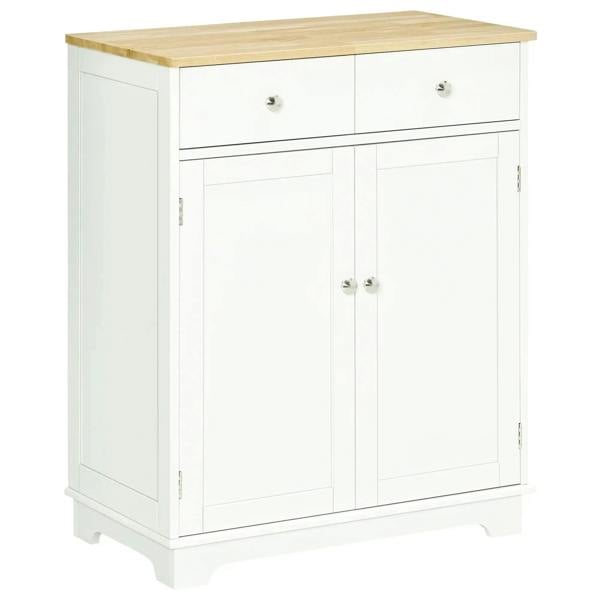 White floor storage cabinet with light wood top, drawer, and two-door cupboard