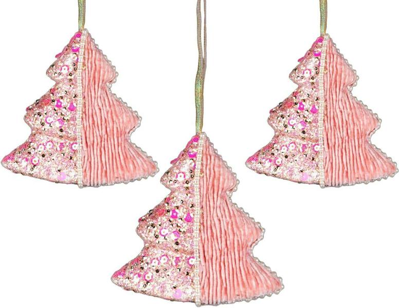 12cm Baby Pink Glitter Tree Hanging Decorations, 3 Piece Set with Pearls and Sequins image 5