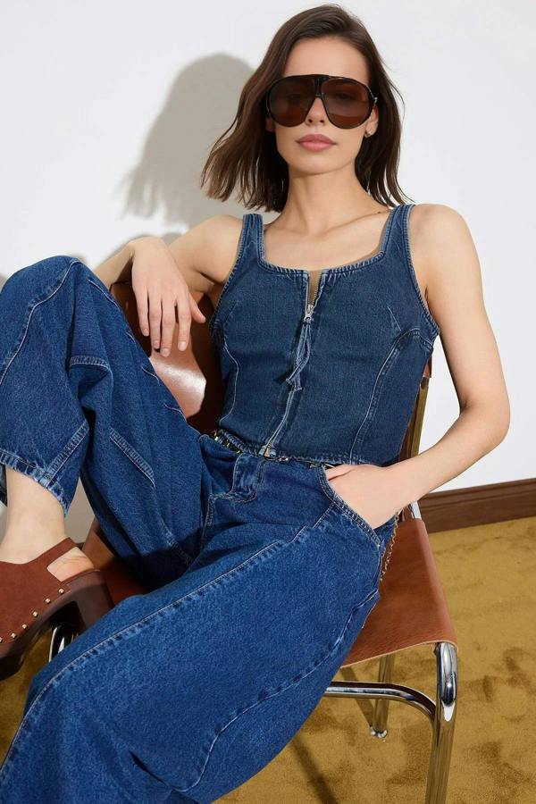Limited Edition Strappy Crop 100% Cotton Denim Blouse