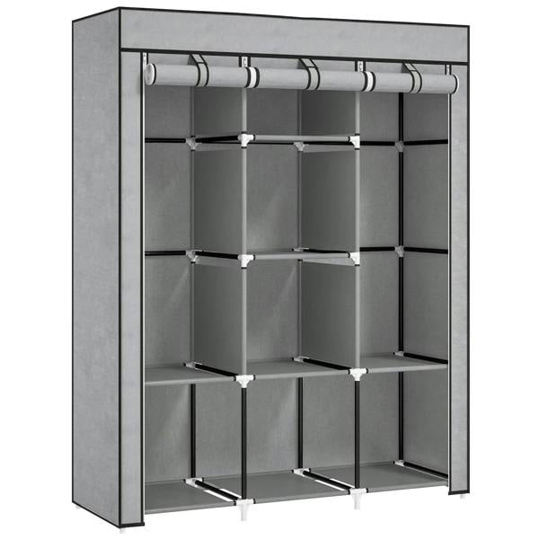 Light grey fabric wardrobe with hanging rail and multiple cube shelves, open front.
