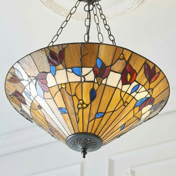 Large Tiffany Glass Pendant Light - Dark Bronze Finish - 3 x 60W E27 GLS Needed Loops