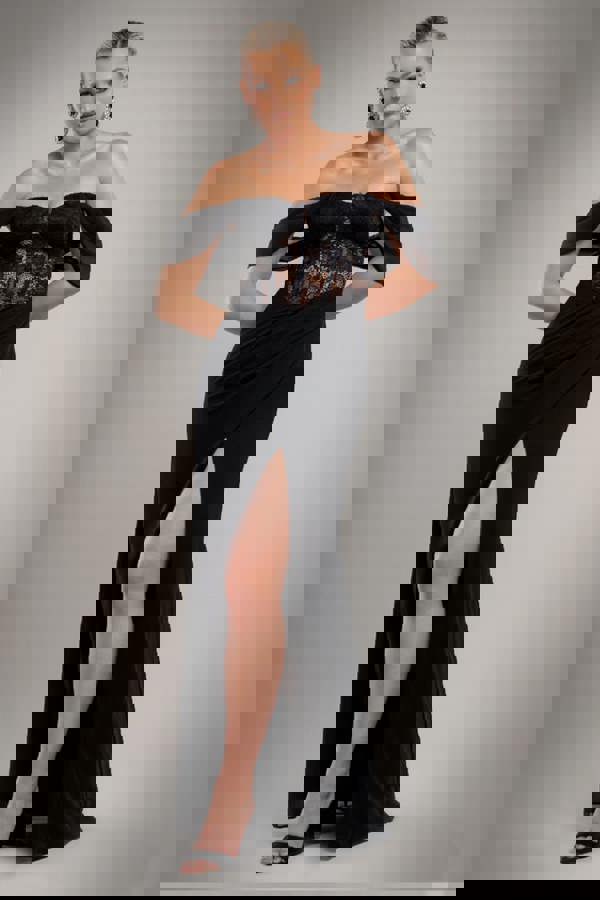 Scalloped Lace & Chiffon Winged Corset Bodice Maxi Dress - Black DR4397