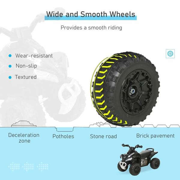 Wide smooth tire with yellow tread marks on black ride-on quad wheel