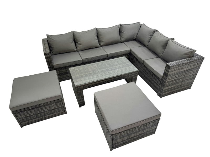 Fimous Outdoor Rattan Oblong Coffee Table Corner Sofa Sets Garden Furniture Set with Chair 2 Big Stools Dark Grey Mixed