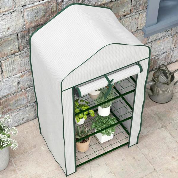 White three-tier mini greenhouse with green frame, angled view, plants on three shelves