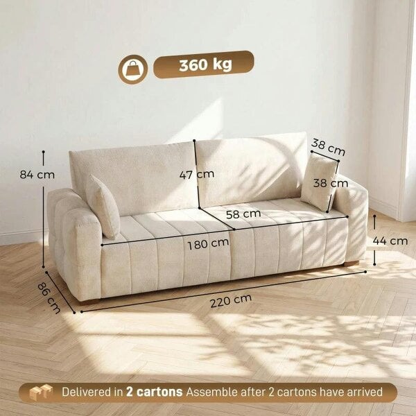3 Seater Sofa, Upholstered Velvet Couch for Bedroom with Pillows, Padded Cushion and Wood Legs, Cream White