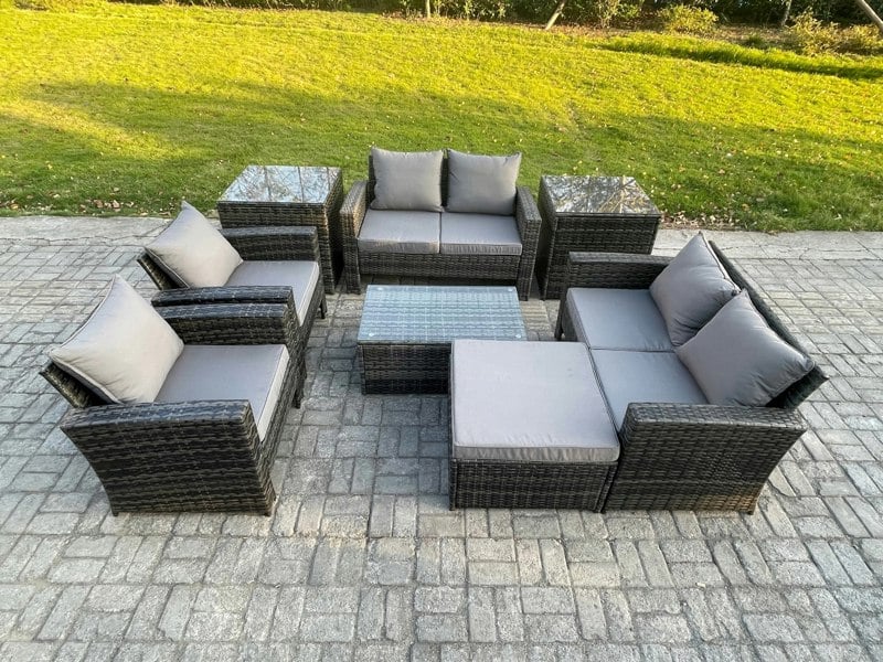 Fimous 8-Piece Rattan Garden Furniture Set - Dark Grey Mixed Wicker Patio Sofa & Chair Set with Coffee Table & 2 Footstools