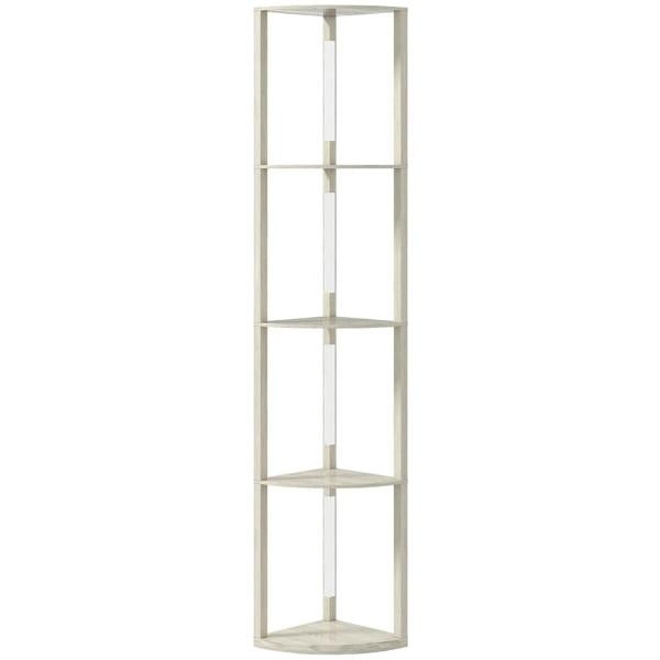 Three-tier corner floor lamp with light oak frame and three open shelf tiers