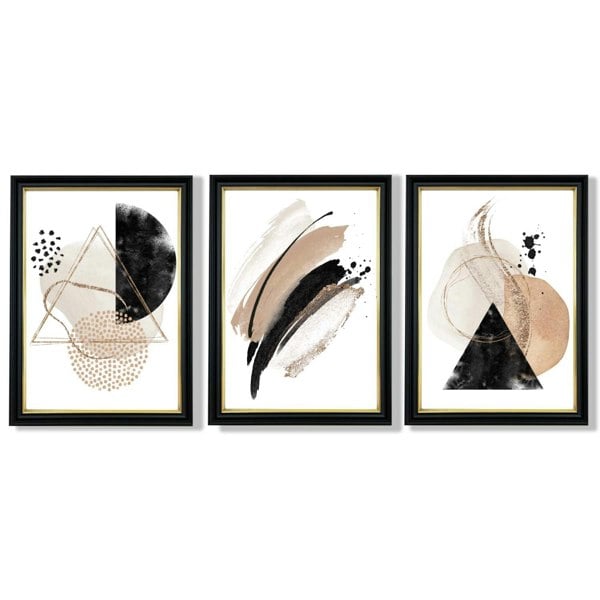 Artze Wall Art Abstract Black Beige Set of 3 Watercolour Shapes Framed Wall Art