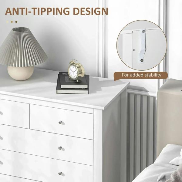 White 5-drawer dresser with metal anti-tip strap hardware, top and corner detail