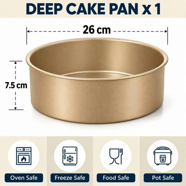 Dyzi Round Non-Stick Deep Cake Mould Stainless Steel Baking Pan Gold