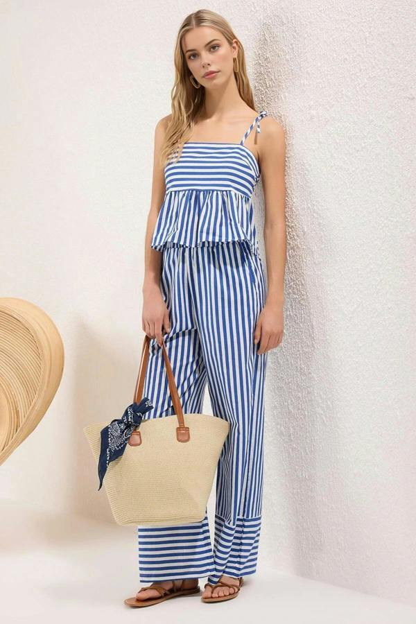 Strapless Thin Strap Blouse and Wide Leg Trousers Co-ord