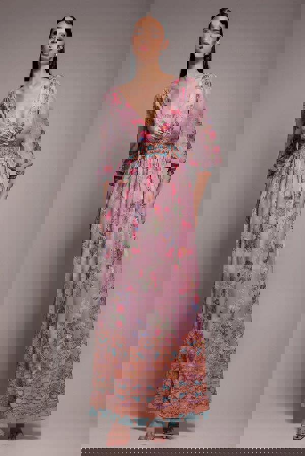 Chiffon Wrap Border Floral Print Maxi Dress - Pink DR4394