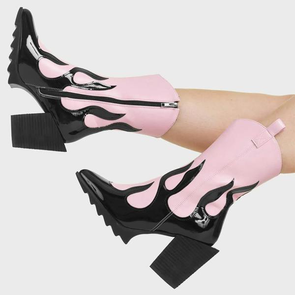 Lamoda On Fire Ankle Boots PinkPU & Black Pattern Stylish Platform Heel