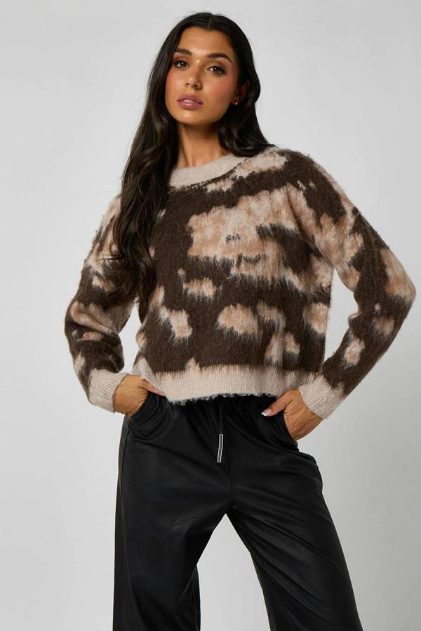 Urban Bliss Brown Brushed yarn abstract print jumper
