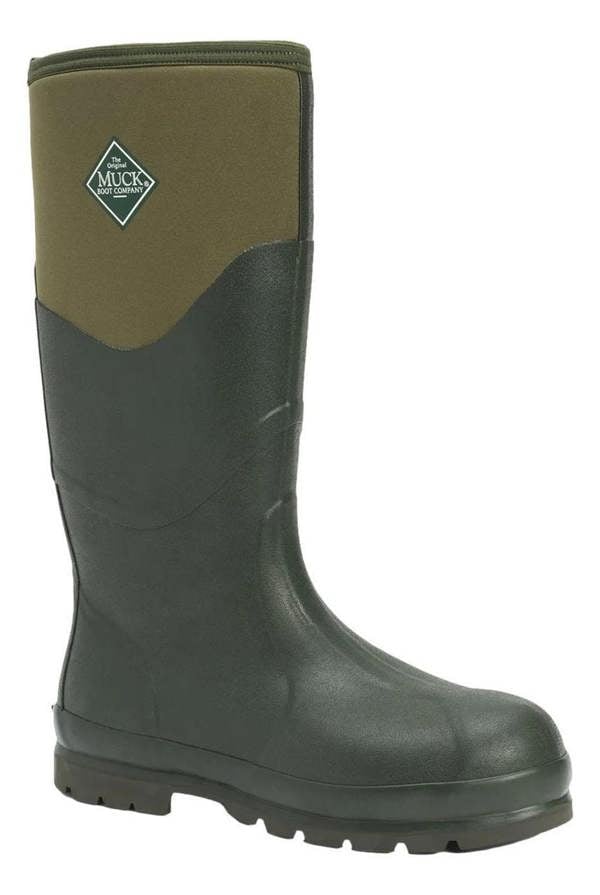 Muck Boots MUCK Boots Chore 2k Men’s Classic Stable Farm Tall Wellington Wellies, green and black waterproof rubber rain boots with a sturdy sole and a comfortable fit.