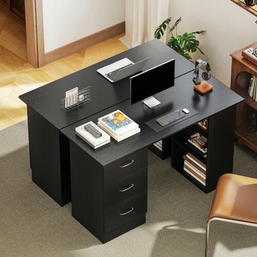 Wyld Haus Tonosa 120cm Wooden Black Study Desk With 3 Shelves And 3 Drawers