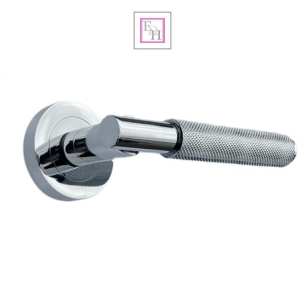 EDH Door Hardware Polished Chrome Knurled Door Handles on Round Rose – Modern Internal Lever Latch Handles