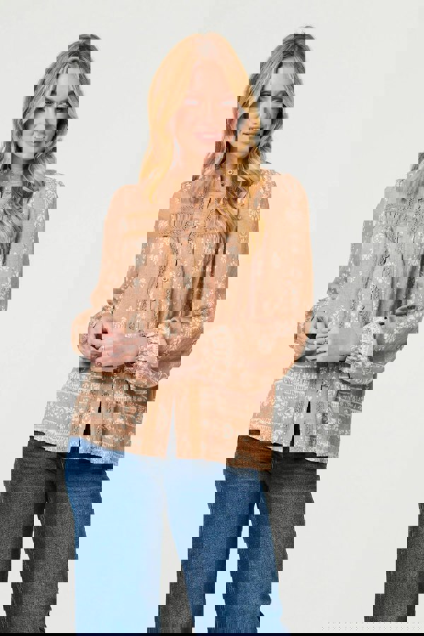 Beige | Printed Lace Trim Long Sleeve Blouse
