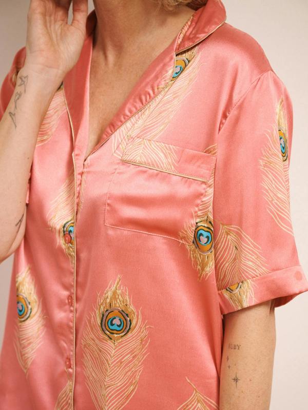 Their Nibs Womens Satin Shortie Pyjamas Pink Gold Peacock Feather