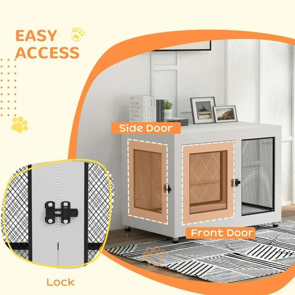 White dog cage with side and front mesh doors, lock hardware and inset view