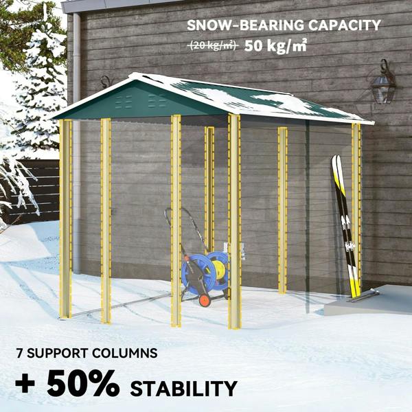 Green metal outdoor shed under snow load with support columns and stability callouts