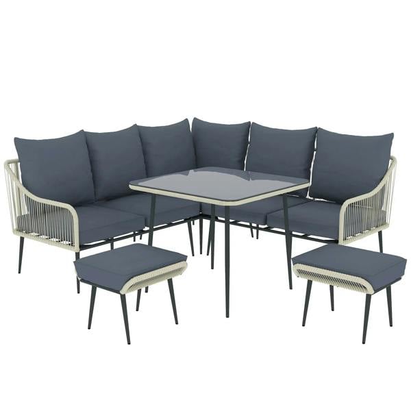 Light grey rattan garden sofa set with dark grey cushions, glass-top table and ottomans