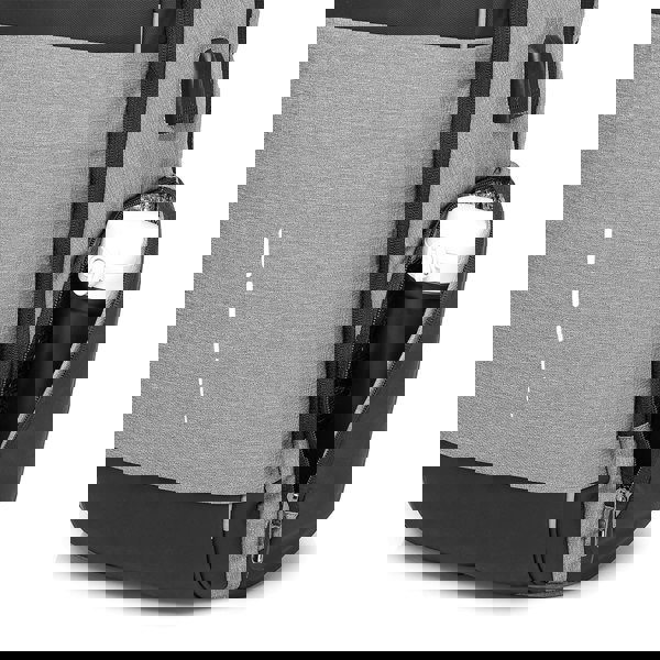 Gray backpack with a side pocket containing a white bottle on a white background best travel laptop backpack multi-functional