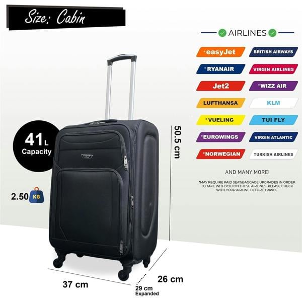Infinity Luggage Expandable Soft Shell Cabin Suitcase 50.5 x 37 x 26 cm Luggage Suitable for Easyjet, Ryanair