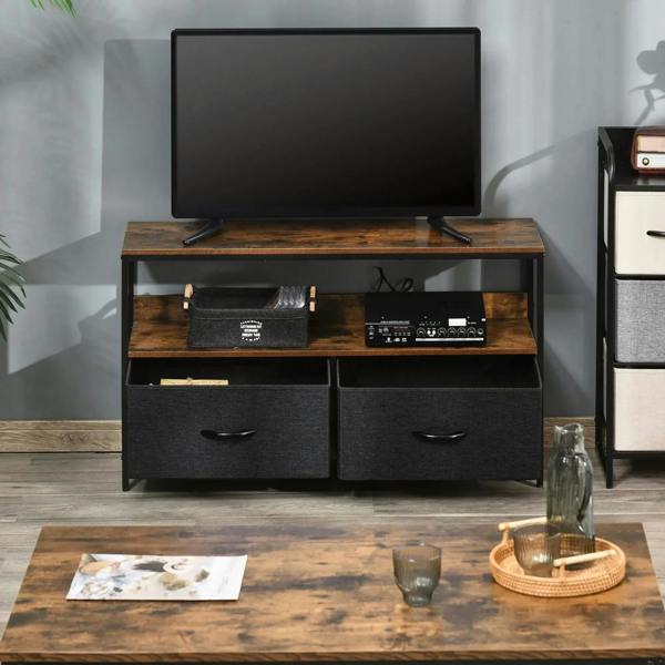 TV stand cabinet with rustic brown top, open shelf, and two gray drawers with curved pulls