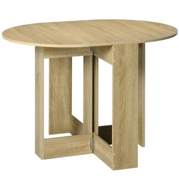 Round oak drop-leaf folding dining table with leaf partially folded and open apron panels