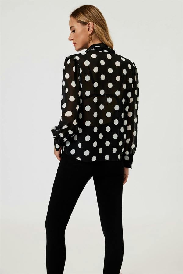 FS Collection Dot Print Tie Detail long sleeve Blouse Top In Black