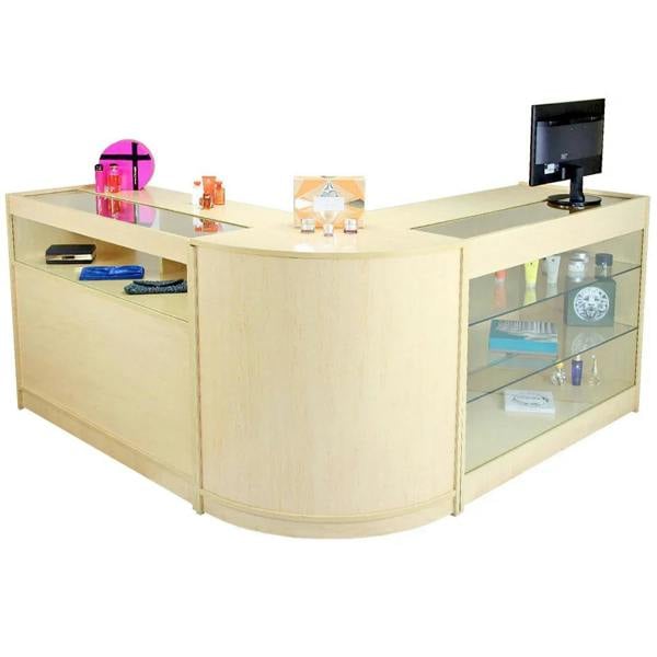 Curved maple retail display counter with glass shelves, featuring a sleek design, perfect for showcasing products in stores
